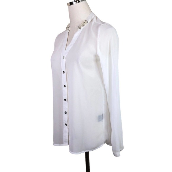 BCBG MaxAzria Blouse Sheer White Chiffon Jeweled Collar XS - Picture 9 of 9